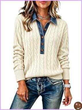 Womens Cable Knit Sweater Denim Collared Pullover Tunic Long Sleeve